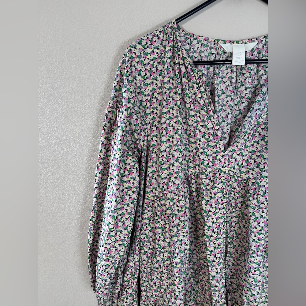 H&M Conscious Floral A-LINE COTTON Dress Floral Puff Sleeve size small - Picture 6 of 9